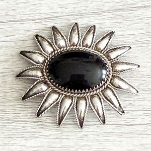 1970s Sterling Silver 925 Black Onyx Sunburst Brooch Pin Mexican Artisan Jewelry